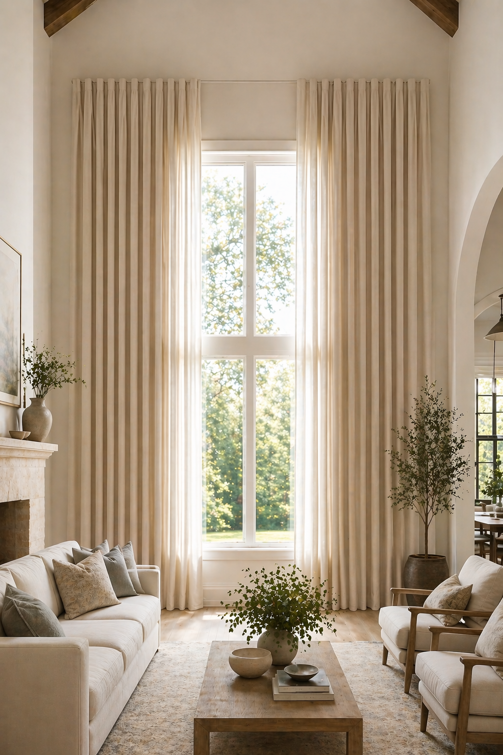 Elegant living room with perfectly pleated floor-to-ceiling curtains using SilkSlide